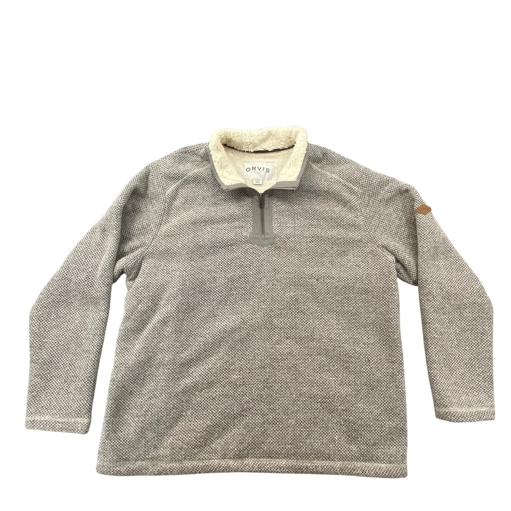 Orvis Mens XXL Quarter Zip Pullover Textured‎ Knit Grey Faux Shearling Collar